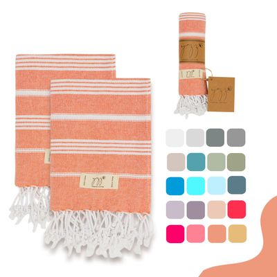 Yazz Turkish Cotton Turkish Hand Towels - Set of 2, 18" x 30" inches, Bathroom & Decorative Cotton Hand Towels or Kitchen Dishcloth, Tea, Yoga, Face, Gym (Orange)