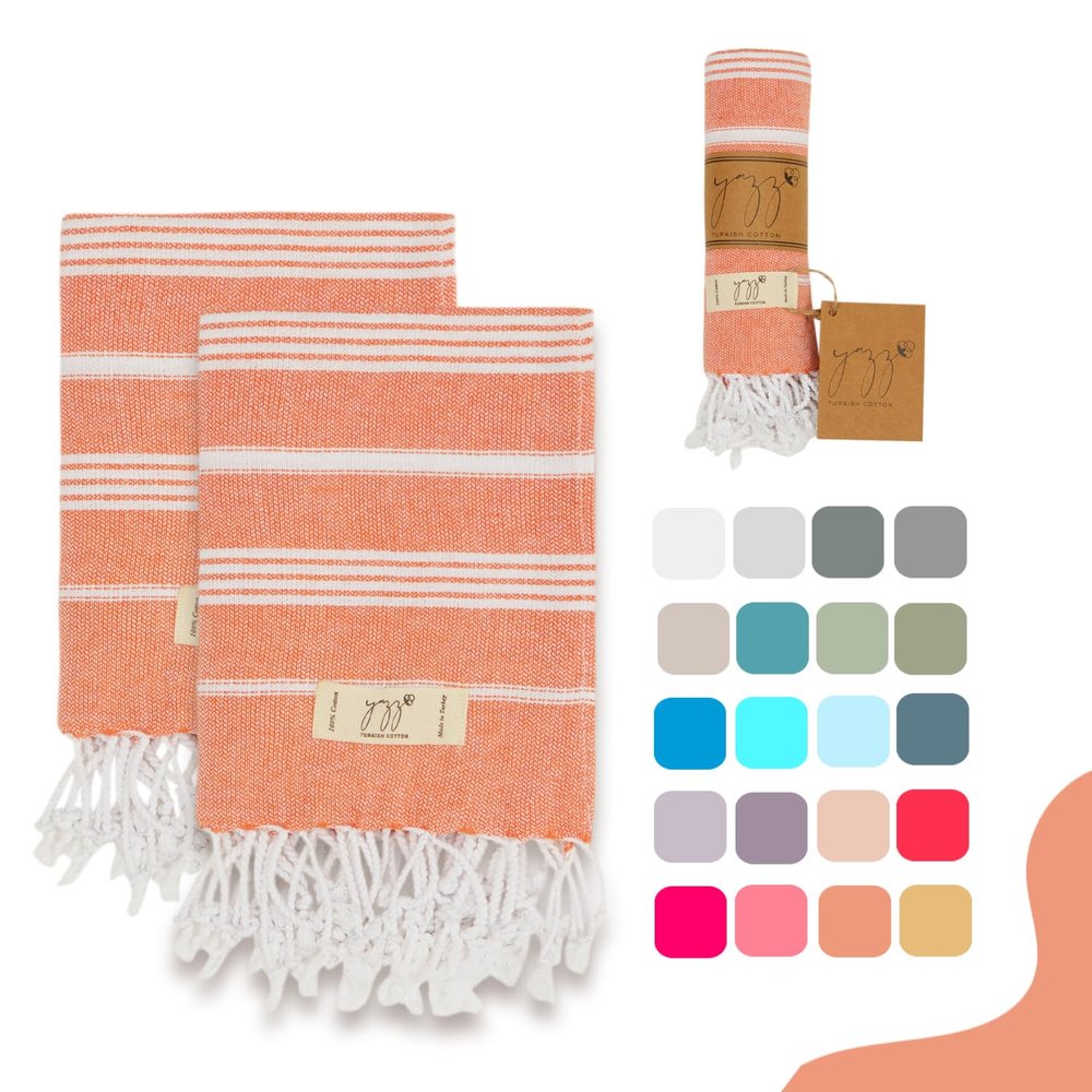 Yazz Turkish Cotton Turkish Hand Towels - Set of 2, 18" x 30" inches, Bathroom & Decorative Cotton Hand Towels or Kitchen Dishcloth, Tea, Yoga, Face, Gym (Orange)