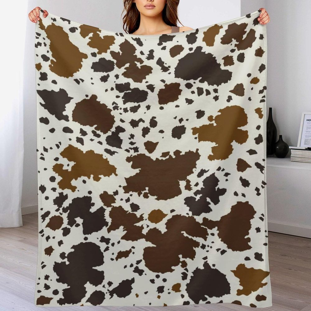Cow Print Blanket Soft Cozy Lightweight Gifts Blanket for Kids Adults, Animal Skin Plush Flannel Throw Blanket for Sofa Couch Bed Decor, Brown W50 xL60