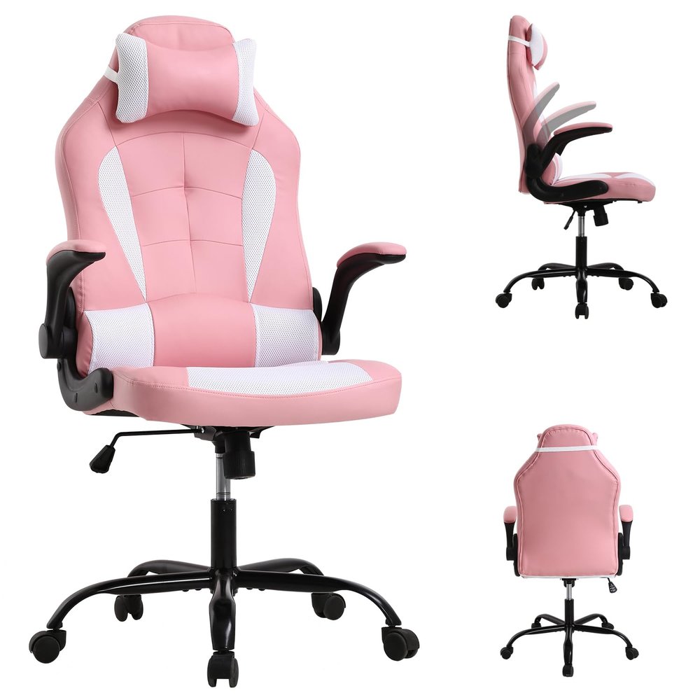 Pink Gaming Chair, Gaming Chairs for Adults, Game Chair with Flip Up Arms, Small Gaming Chair with Lumbar Support and Headrest, Comfortable Desk Chair for Adults Teens Kids Men Women, Max 250 LBS