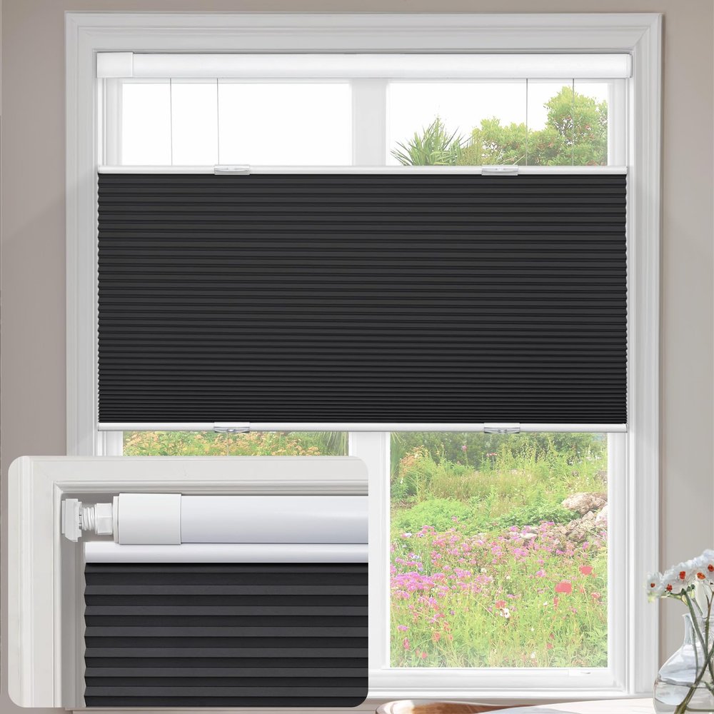 UrMoon Top Down Bottom Up Cellular Shades No Tools No Drill Cordless Cellular Blinds for Windows Blackout Honeycomb Shades for Home Office (Blackout - Black, 44" W x 48" H)