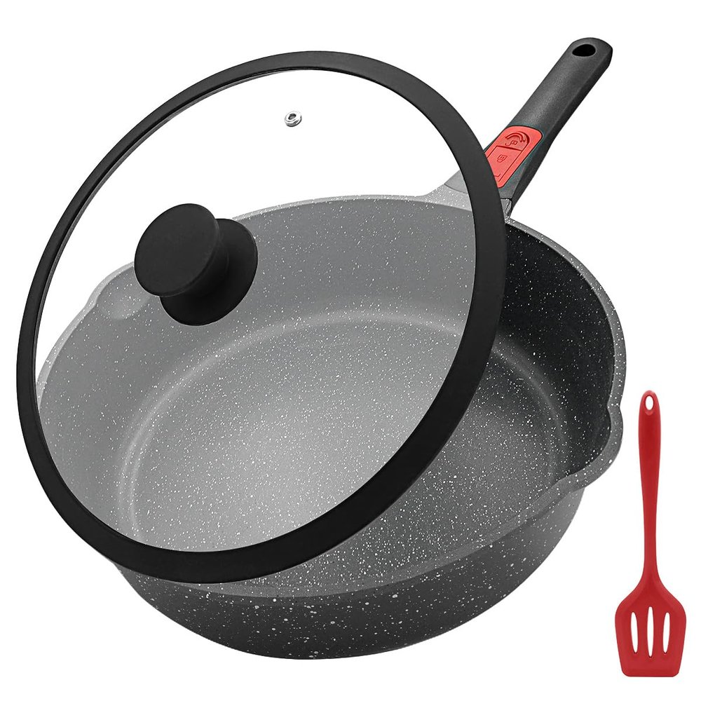 AIKENBBKK Saute Pan with Lid, 12 Inch Frying Pans Nonstick, 5 QT Non Stick Deep Frying Pan Skillet, Compatible with All Stovetops, Detachable Handle, Oven Safe, PFOA PFOS Free, Black