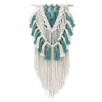 HVEST Teal Blue Macrame Wall Hanging,Boho Wall Decor Green and Beige Tassel Wall Art Green Macrame Wall Hanging,Bohemian Tapestry for Girl Bedroom Kids Room Living Room Dorm Nursery Wall Decor,27"X13"