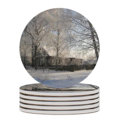 Set of 4 Ceramic Coasters, Village Winter Snow Forest Coasters, Farmhouse Home Decor, Absorbent Coaster with Cork Base, Coasters for Coffee Table, Drink Coasters, Round Coffee Coaster