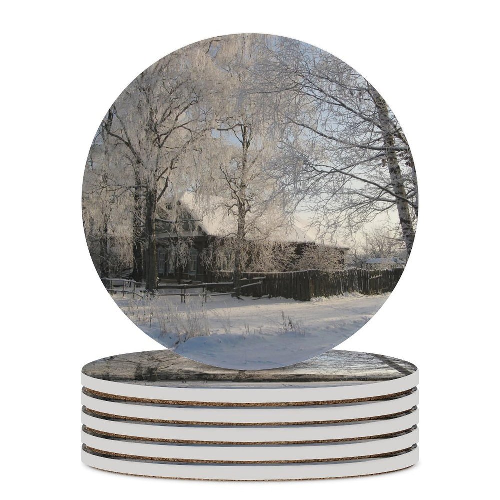 Set of 4 Ceramic Coasters, Village Winter Snow Forest Coasters, Farmhouse Home Decor, Absorbent Coaster with Cork Base, Coasters for Coffee Table, Drink Coasters, Round Coffee Coaster