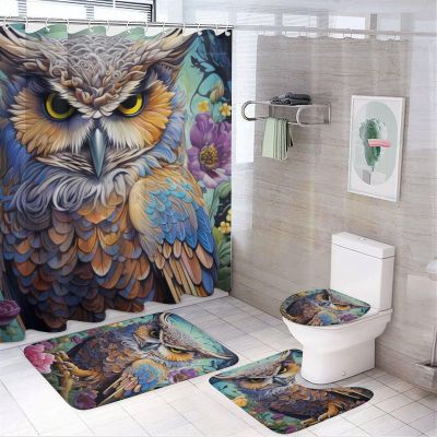 4 Pcs Vintage Colorful Owl Shower Curtain Set with Rug Night Nature Birds Beautiful Rose Bathroom Sets with Waterproof Shower Curtain And Non-Slip Rugs Toilet Lid Cover Bath Mat Decor with 12 Hooks
