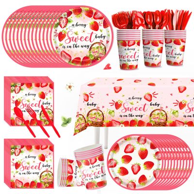 169pcs Strawberry Baby Shower Deorations Berry Sweet Plates Napkins Cups Tablecloths A Berry Sweet Baby is On The Way Paper Tableware Set Strawberry Party Supplies Serves 24 Guests