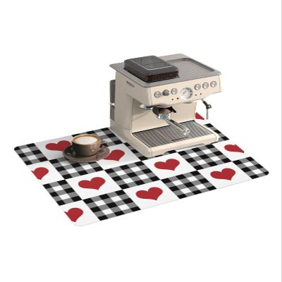 Coffee Mat for Counter,Valentine's Day Red Heart Buffalo Plaid Black White Absorbent Hide Stain Coffee Bar Mat,Non-slip Coffee Bar Accessories Kitchen Drying Mat Fit Under Coffee Maker