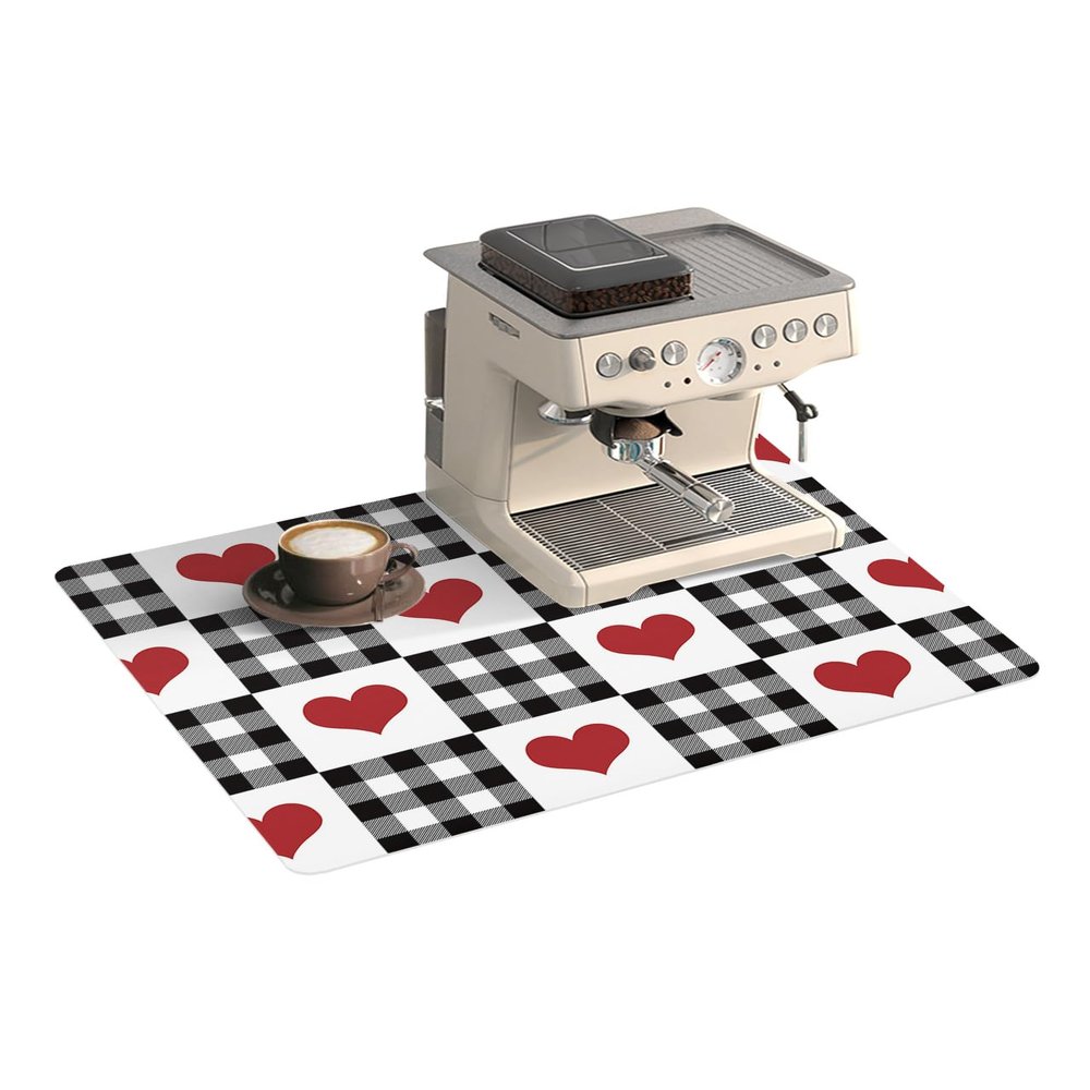 Coffee Mat for Counter,Valentine's Day Red Heart Buffalo Plaid Black White Absorbent Hide Stain Coffee Bar Mat,Non-slip Coffee Bar Accessories Kitchen Drying Mat Fit Under Coffee Maker