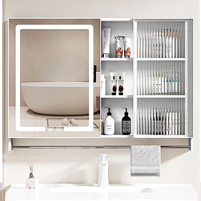 Medicine Cabinet, Bathroom Mirror Cabinet with LED Vanity Mirror, Adjustable Light Surface Mount Anti-Fog Double Door Lighted Bathroom Cabinet with Touch Switch (Color : WH, Size : 60x65cm/23.6x25.5