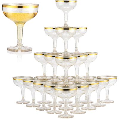 Zopeal 100 Pcs Plastic Champagne Glasses 5 oz Plastic Coupe Disposable Cocktail Cup for Wedding Party Birthday Anniversary Stackable Reusable Martini Glasses(Gold Rim, Gold Glitter)