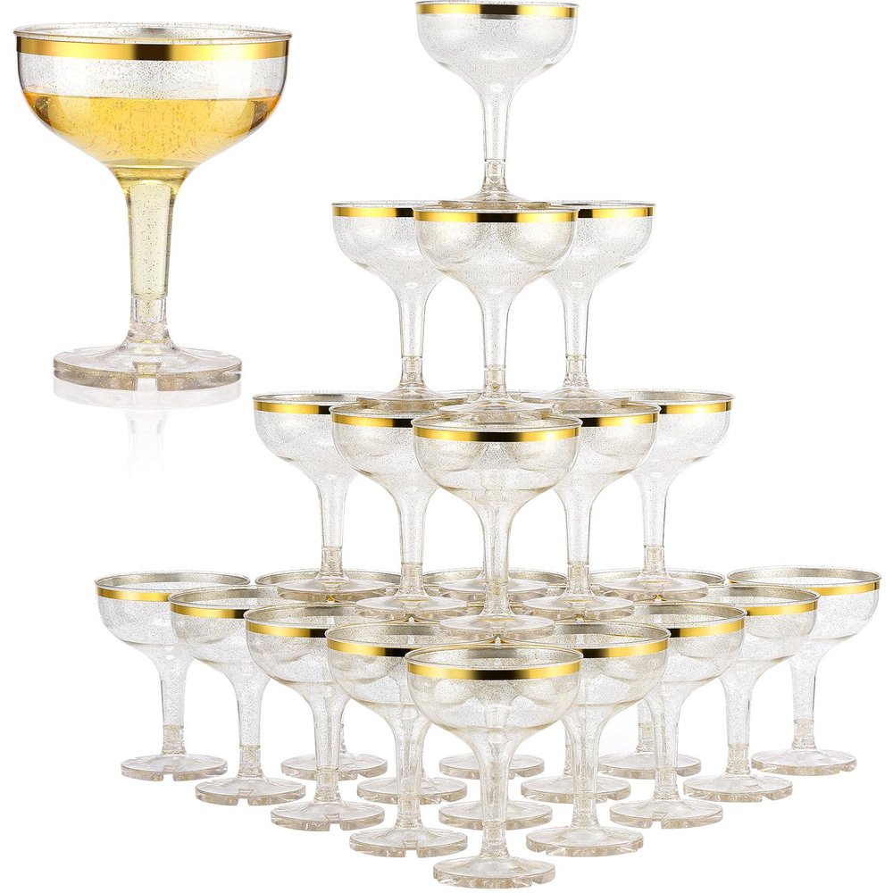 Zopeal 100 Pcs Plastic Champagne Glasses 5 oz Plastic Coupe Disposable Cocktail Cup for Wedding Party Birthday Anniversary Stackable Reusable Martini Glasses(Gold Rim, Gold Glitter)