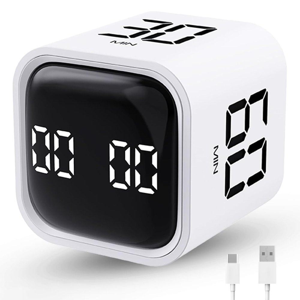 Productivity Timer Flip Gravity Sensor Cube Timer Countdown & Countup,Mute & Vibrate & Sound5/10/30/60min & Custom Timing, Perfect for ADHD,Work,Learning,Kitchen Cooking (1White)