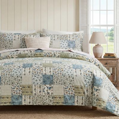 Cozaline Vintage Floral Comforter Set King 100% Cotton Blue Patchwork Bedding Comforter Sets All Season 3 Pieces Shabby Chic Breathable Soft Comforter(Blue Patchwork, King)