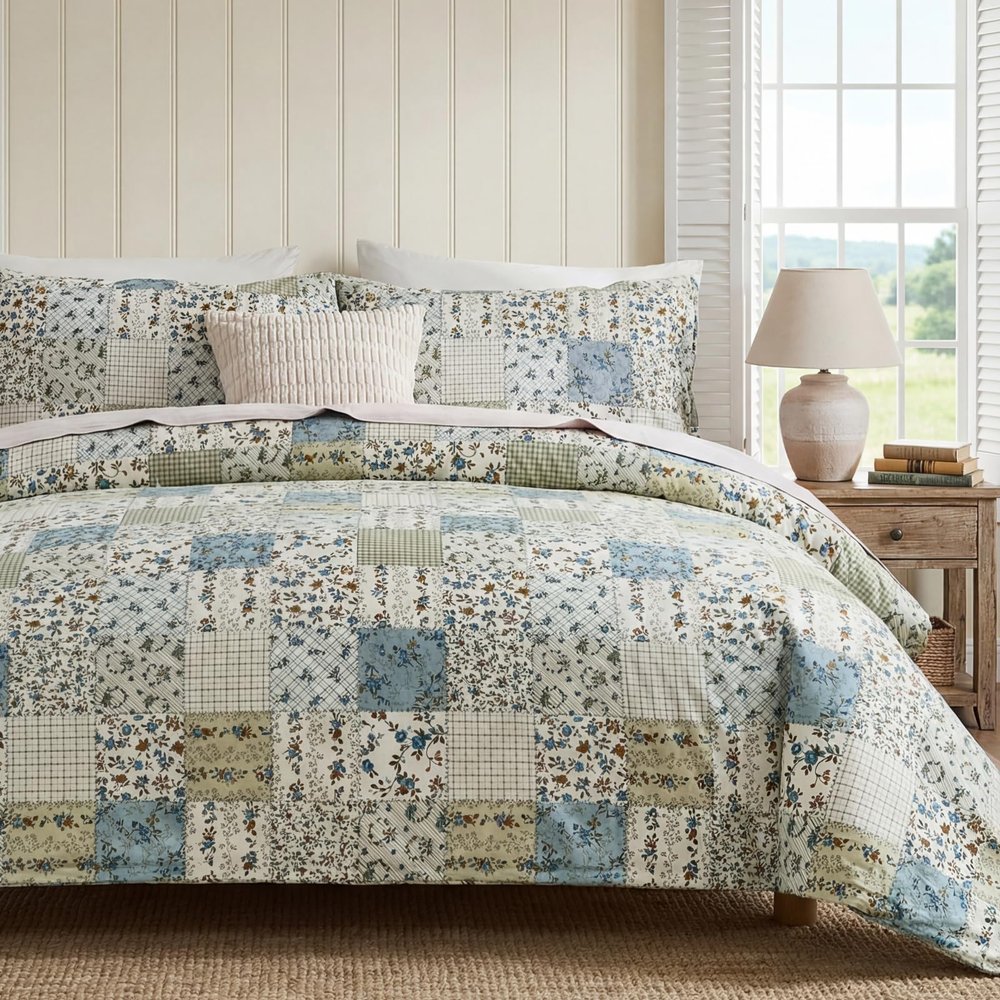 Cozaline Vintage Floral Comforter Set King 100% Cotton Blue Patchwork Bedding Comforter Sets All Season 3 Pieces Shabby Chic Breathable Soft Comforter(Blue Patchwork, King)