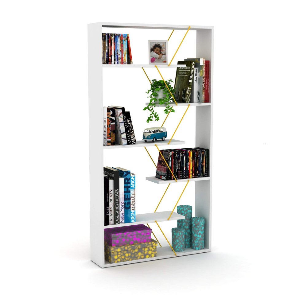 DiMorture Wood Frame Bookshelf with Open Storage Shelf,6-Tier Idustrial Large Bookcase,Free Standing Storage Shelving for Living Room,Office,White/Gold