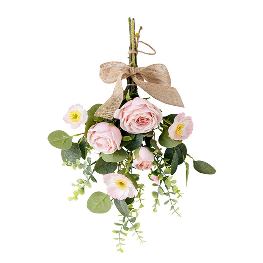 Artificial Eucalyptus Teardrop Wreath, 17 Inch Spring Summer Wall Swag Front Door Wreath with Poppy Rose Flower Hanging Teardrop Swag Bouquet for Wedding Arch Wall Decor(C)