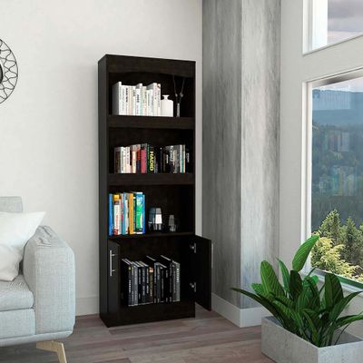 DiMorture 3-Tier Bookshelf,Wooden Bookshelves with Cabinet Doors,Floor Storage Organizer for Living Room,Office,Bedroom,Black