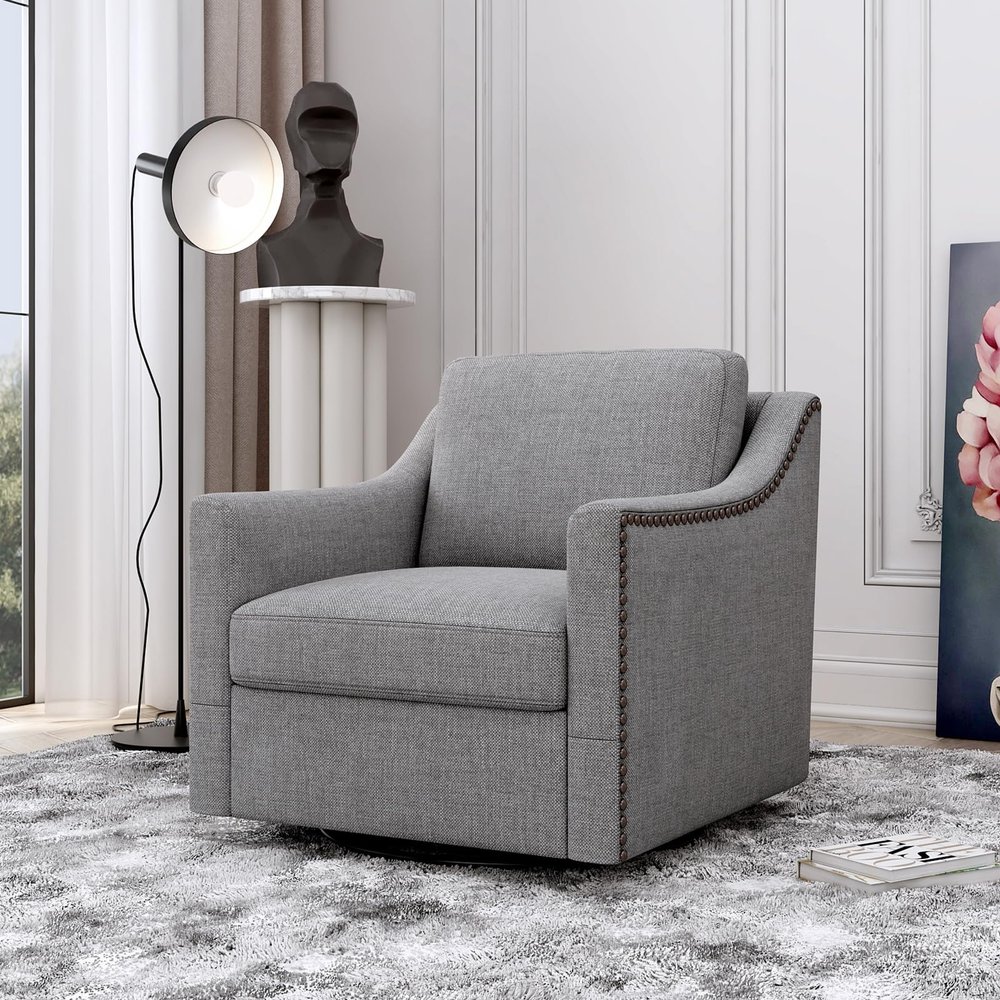 360 Degree Swivel Chair, Linen Upholstered Swivel Barrel Chair with Nailhead Trim, Square Club Sofa Chair with Metal Base, Vanity Chair for Makeup Room, Office, Club (Grey)