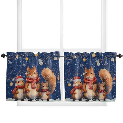 Jolunifun Christmas Kitchen Curtain 36 Inch Length Small Short Cafe Tiers Curtains Drape, 2 Panel Window Treatment Rod Pocket Drapery Panels Curtains, Squirrels Family Snowflake Navy Blue 55x36
