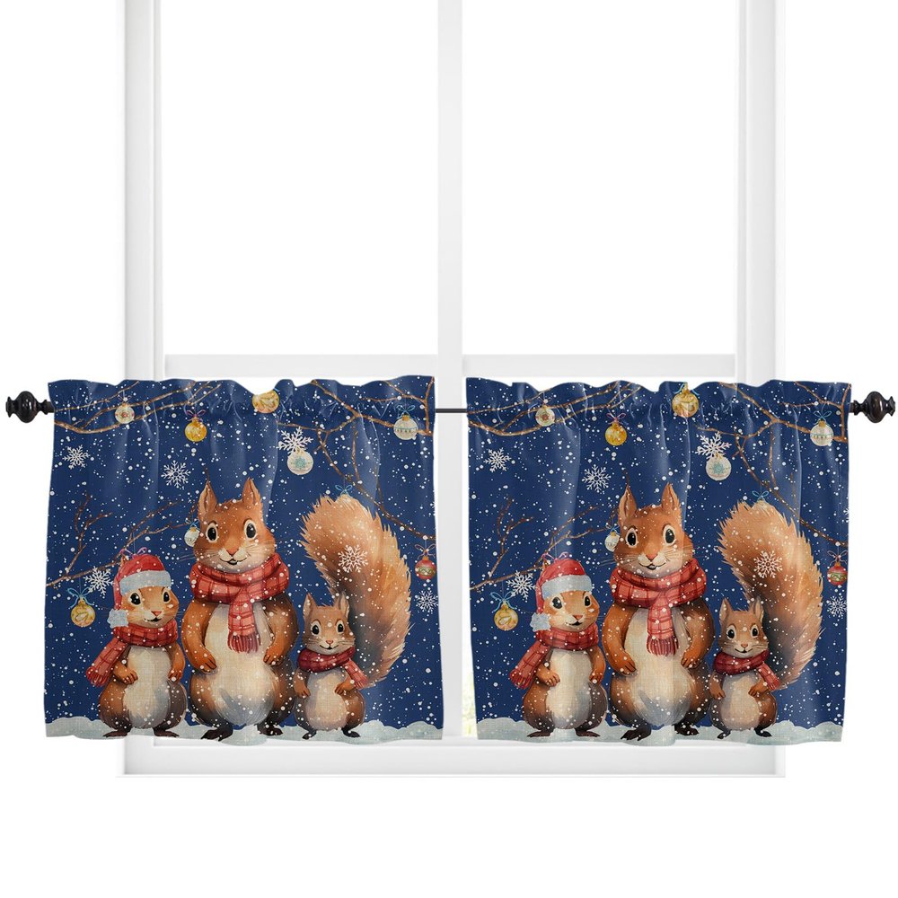 Jolunifun Christmas Kitchen Curtain 36 Inch Length Small Short Cafe Tiers Curtains Drape, 2 Panel Window Treatment Rod Pocket Drapery Panels Curtains, Squirrels Family Snowflake Navy Blue 55x36