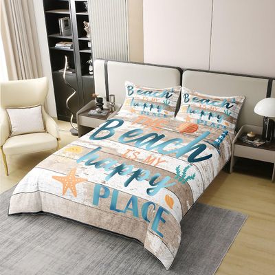100% Natural Cotton Beach Life Coastal Duvet Cover King Cartoon Starfish Jellyfish Comforter Cover Khaki White Old Barn Bedding Set for Boys Girls Bedroom,No Comforter