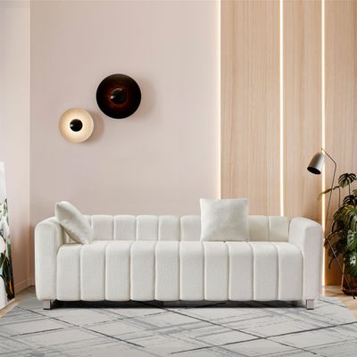 82*30" Modern Teddy Velvet Sofa with 2 Throw Pillows, Upholstered 2-3 Seat Sofa Couch, Mid Century Indoor Loveseat Sofa with Striped Decoration for Living Room Bedroom Apartment (White-love)