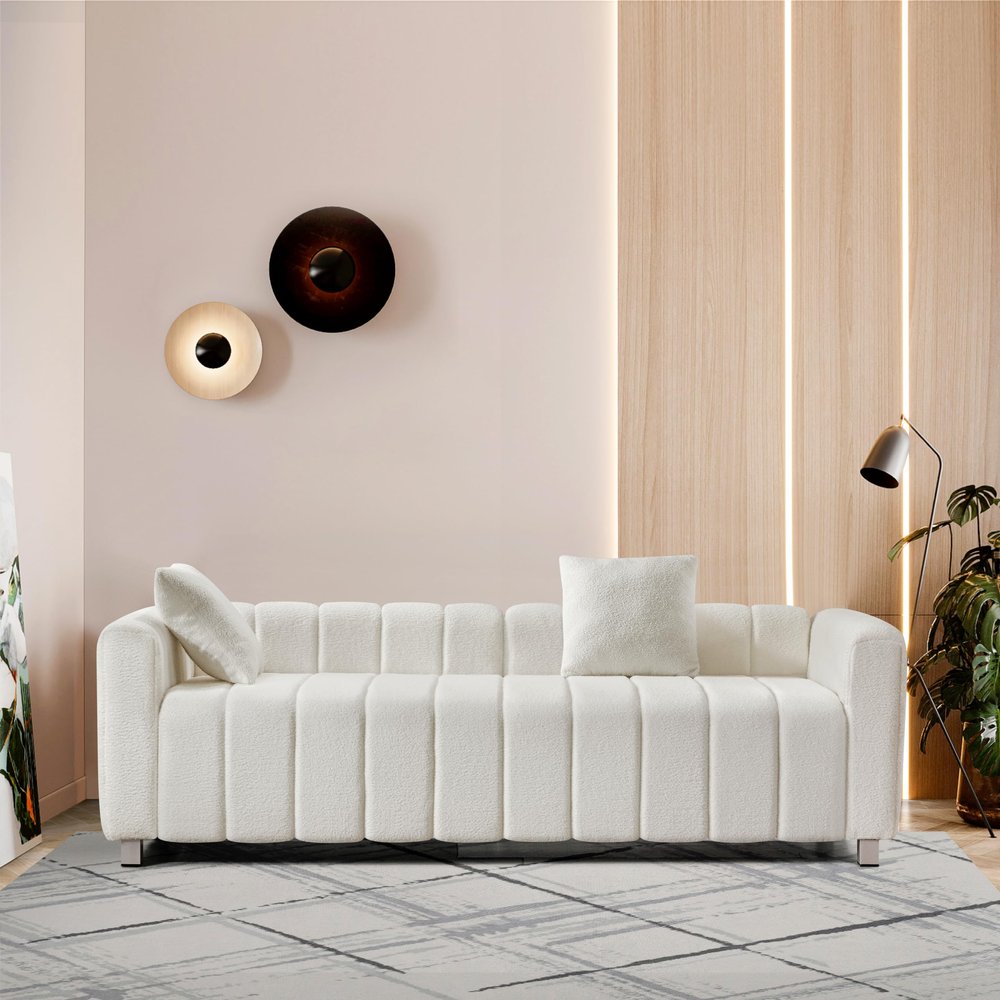 82*30" Modern Teddy Velvet Sofa with 2 Throw Pillows, Upholstered 2-3 Seat Sofa Couch, Mid Century Indoor Loveseat Sofa with Striped Decoration for Living Room Bedroom Apartment (White-love)
