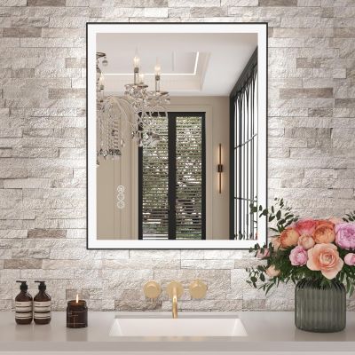 Amorho 28"x 36" LED Bathroom Mirror with Black Frame, Front Light and Backlit(Controlled Separately), Stepless Dimmable, Anti-Fog, Shatter-Proof, 3 Colors, Memory