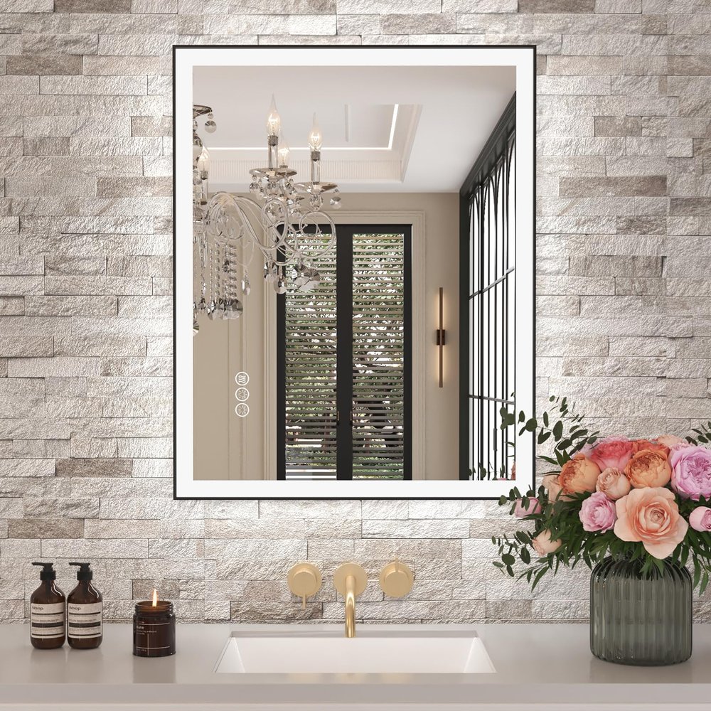Amorho 28"x 36" LED Bathroom Mirror with Black Frame, Front Light and Backlit(Controlled Separately), Stepless Dimmable, Anti-Fog, Shatter-Proof, 3 Colors, Memory