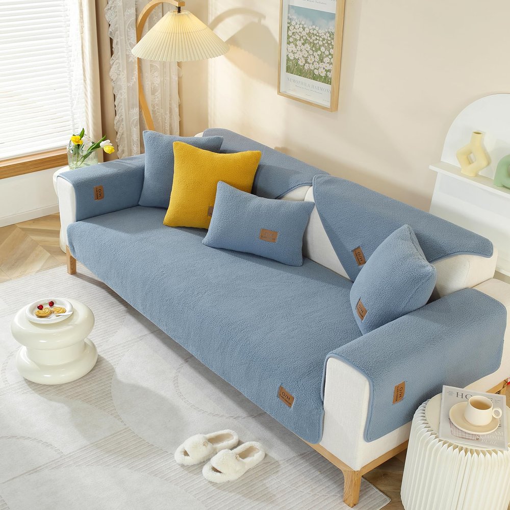 Huierxun Thick Fuzzy Sherpa Fleece Sofa Cover Super Soft Plush Sectional Couch Cover Anti-Slip Sofa Slipcovers Furniture Protector for Dogs Cats Pet (Blue,36"x82")