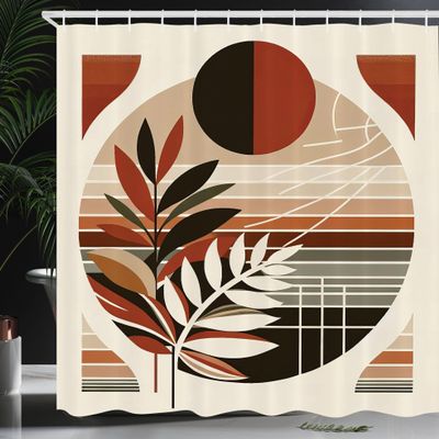 Ambesonne Monstera Shower Curtain, Abstract Dance of Earthy and Neutral Colors Mid Century Boho Olive Leaves, Cloth Fabric Bathroom Decor Set with Hooks, 69" W x 84" L, Redbrown Dusk Black