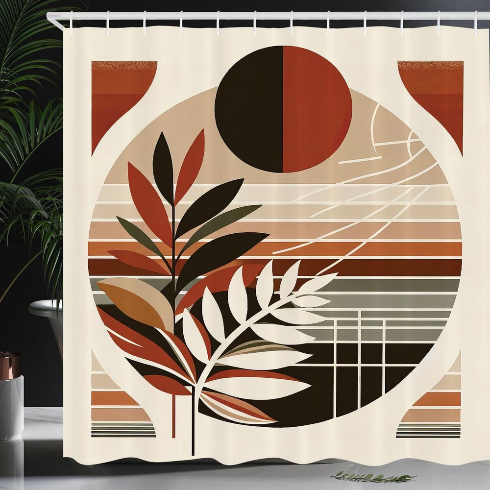 Ambesonne Monstera Shower Curtain, Abstract Dance of Earthy and Neutral Colors Mid Century Boho Olive Leaves, Cloth Fabric Bathroom Decor Set with Hooks, 69" W x 84" L, Redbrown Dusk Black