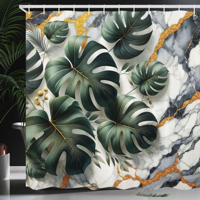 Ambesonne Monstera Shower Curtain, Marble Background and Leaves Print a Whispers' Call Nature Flora and Stone, Cloth Fabric Bathroom Decor Set with Hooks, 69" W x 84" L, Dark Green Dimgray