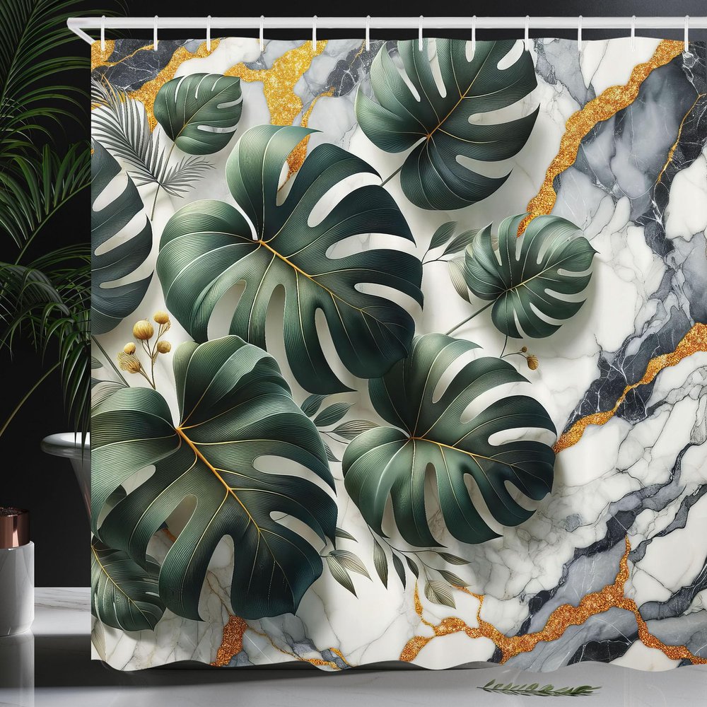 Ambesonne Monstera Shower Curtain, Marble Background and Leaves Print a Whispers' Call Nature Flora and Stone, Cloth Fabric Bathroom Decor Set with Hooks, 69" W x 84" L, Dark Green Dimgray
