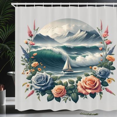 Ambesonne Nautical Shower Curtain, Sailboat on Ocean Waves with Mountains in a Floral Wreath Circle, Cloth Fabric Bathroom Decor Set with Hooks, 69" W x 70" L, Teal Salmon and Slate Blue