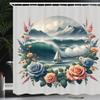Ambesonne Nautical Shower Curtain, Sailboat on Ocean Waves with Mountains in a Floral Wreath Circle, Cloth Fabric Bathroom Decor Set with Hooks, 69" W x 70" L, Teal Salmon and Slate Blue view 1