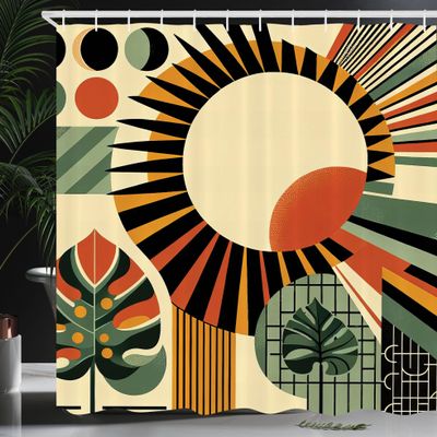 Ambesonne Monstera Shower Curtain, Solar Eclipse Moon Stages and Nature Abstract Boho Mid Century Style, Cloth Fabric Bathroom Decor Set with Hooks, 69" W x 84" L, Beige Burnt Orange Black