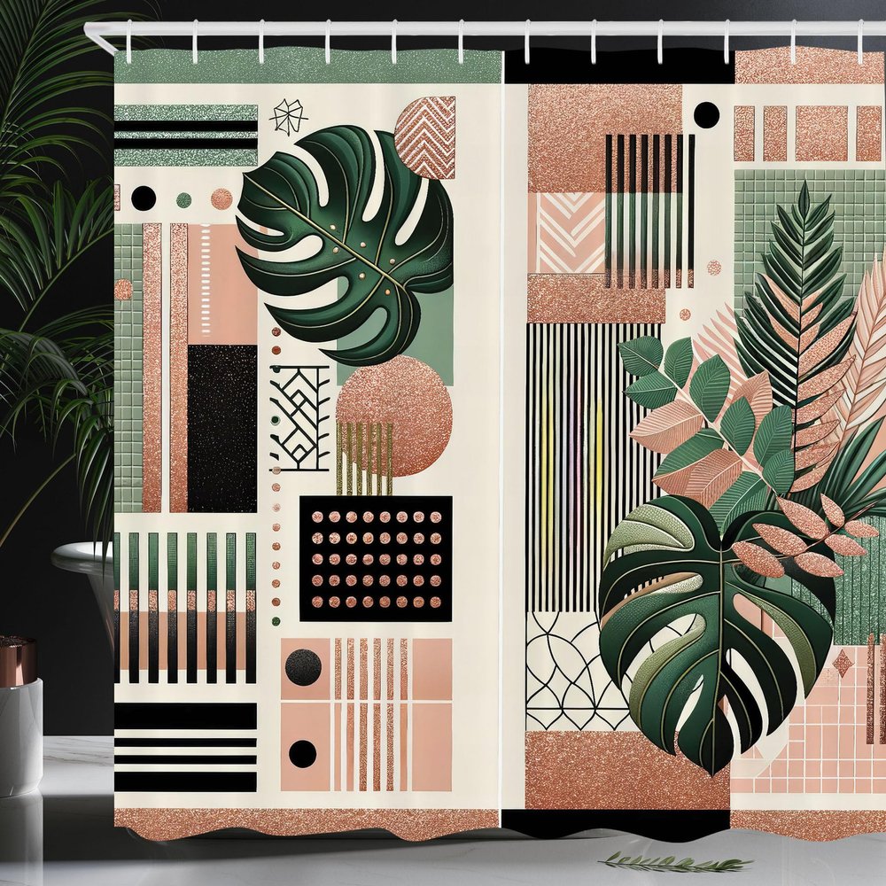 Ambesonne Monstera Shower Curtain, Abstract Mid Century Style Boho Leaves Lines and Geometric Forms, Cloth Fabric Bathroom Decor Set with Hooks, 69" W x 70" L, Evergreen Pale Rust Brown