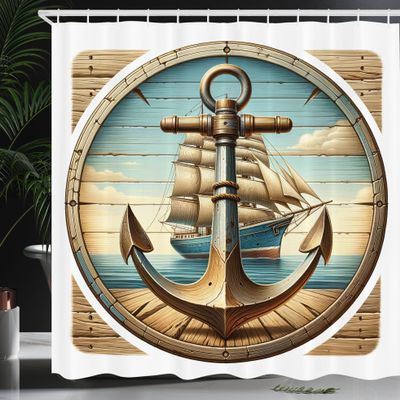 Ambesonne Nautical Shower Curtain, Retro Rustic Anchor and Big Ship with Vintage Maritime Inspirations, Cloth Fabric Bathroom Decor Set with Hooks, 69" W x 75" L, Pale Brown and Soft Blue