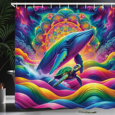 Ambesonne Nautical Shower Curtain, Trippy Oceanic Dream with Whale and Turtle Waves in Psychedelic Rainbow Colors, Cloth Fabric Bathroom Decor Set with Hooks, 69" W x 70" L, Multicolor