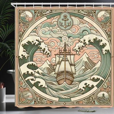 Ambesonne Nautical Shower Curtain, Folk Art Style Marine Composition of Storm Waves Ship and Ornaments, Cloth Fabric Bathroom Decor Set with Hooks, 69" W x 75" L, Blush Cadet Blue and Ecru