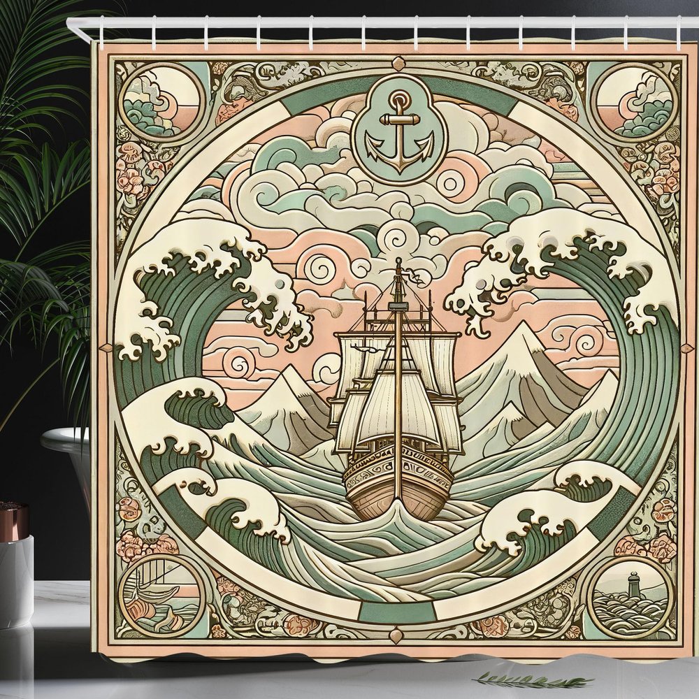 Ambesonne Nautical Shower Curtain, Folk Art Style Marine Composition of Storm Waves Ship and Ornaments, Cloth Fabric Bathroom Decor Set with Hooks, 69" W x 75" L, Blush Cadet Blue and Ecru
