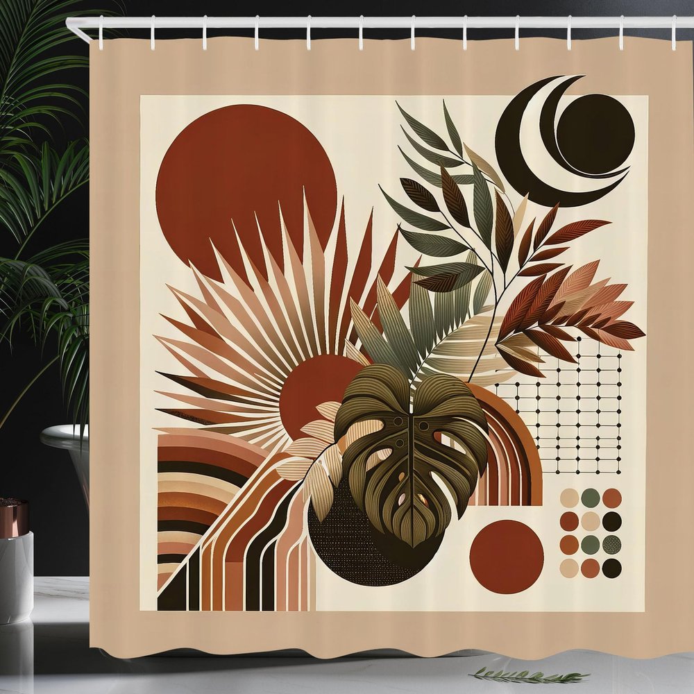 Ambesonne Monstera Shower Curtain, Spicy and Neutral Colors in an Abstract Boho Mid Century Style Leaves, Cloth Fabric Bathroom Decor Set with Hooks, 69" W x 70" L, Redwood Beige and Black
