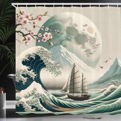 Ambesonne Nautical Shower Curtain, Marine Asian Wave Ornament with Cherry Blossoms in Pastel Color Palette, Cloth Fabric Bathroom Decor Set with Hooks, 69" W x 84" L, Seafoam Coconut Pink