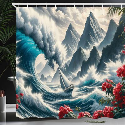 Ambesonne Nautical Shower Curtain, Sailboat Against Crashing Waves in Exotic Seas Flowers Mountains, Cloth Fabric Bathroom Decor Set with Hooks, 69" W x 75" L, Cadet Blue and Dark Pink