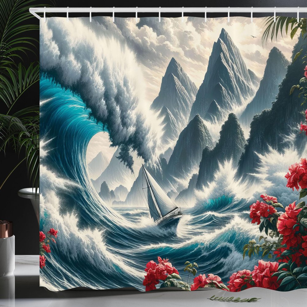 Ambesonne Nautical Shower Curtain, Sailboat Against Crashing Waves in Exotic Seas Flowers Mountains, Cloth Fabric Bathroom Decor Set with Hooks, 69" W x 75" L, Cadet Blue and Dark Pink