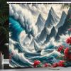 Ambesonne Nautical Shower Curtain, Sailboat Against Crashing Waves in Exotic Seas Flowers Mountains, Cloth Fabric Bathroom Decor Set with Hooks, 69" W x 75" L, Cadet Blue and Dark Pink view 1