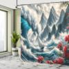 Ambesonne Nautical Shower Curtain, Sailboat Against Crashing Waves in Exotic Seas Flowers Mountains, Cloth Fabric Bathroom Decor Set with Hooks, 69" W x 75" L, Cadet Blue and Dark Pink view 2