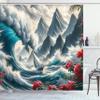 Ambesonne Nautical Shower Curtain, Sailboat Against Crashing Waves in Exotic Seas Flowers Mountains, Cloth Fabric Bathroom Decor Set with Hooks, 69" W x 75" L, Cadet Blue and Dark Pink view 3